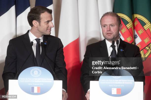 French President Emmanuel Macron and Maltese Prime Minister Joseph Muscat attend The 4th Southern Europe Summit On Migration And EU Future at Palazzo...