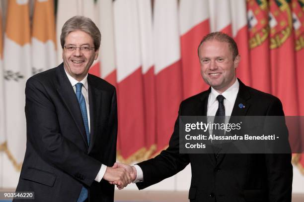 Italy's Prime Minister Paolo Gentiloni welcomes Malta's Prime Minister Joseph Muscat during the 4th Southern Europe Summit On Migration And EU Future...