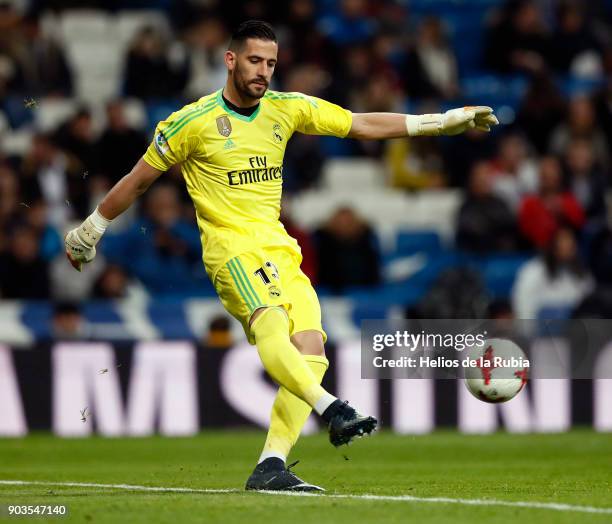 Goalkeeper Kiko Casilla of Real Madrid in action during the Copa del Rey round of 16 second leg match between Real Madrid CF and Numancia at Estadio...