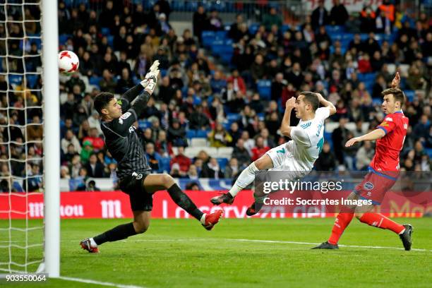 Lucas Vazquez of Real Madrid scores the third goal to make it 2-1 during the Spanish Copa del Rey match between Real Madrid v Numancia on January 10,...