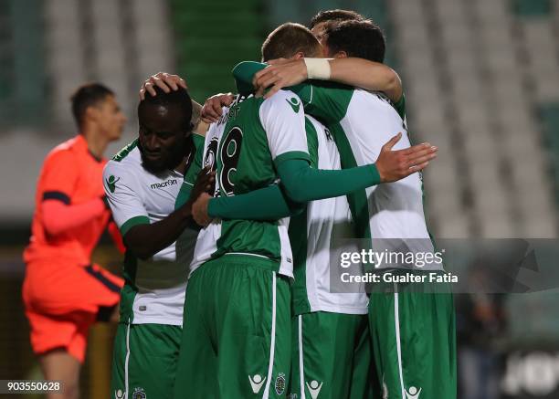 Sporting CP forward Bas Dost from Holland celebrates with teammates after scoring a goal during the Portuguese Cup match between CD Cova da Piedade...