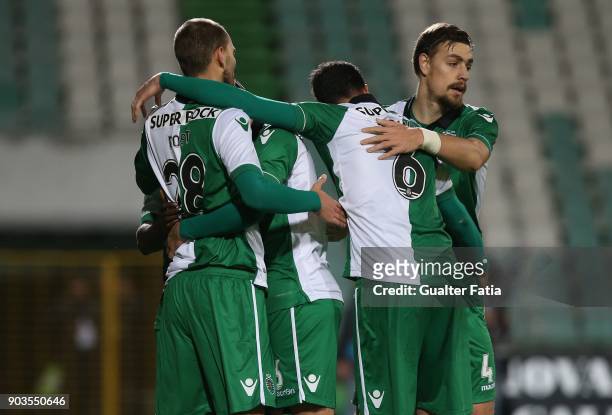Sporting CP forward Bas Dost from Holland celebrates with teammates after scoring a goal during the Portuguese Cup match between CD Cova da Piedade...