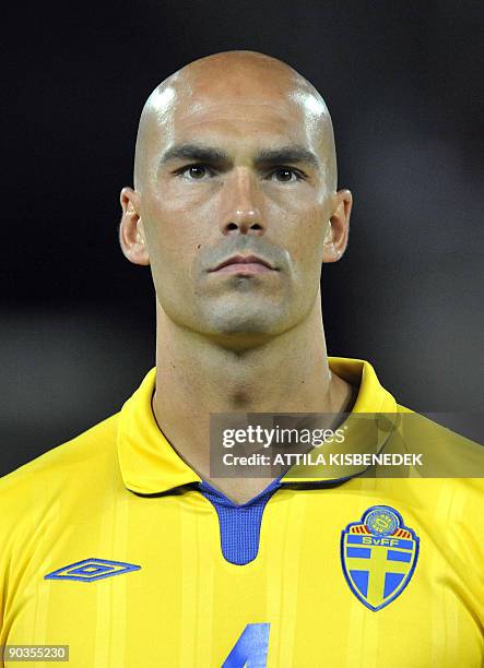 Swedish Daniel Majstorovic listens a national anthem at Puskas stadium of Budapest on September 5, 2009 prior to a World Cup 2010 qualification group...