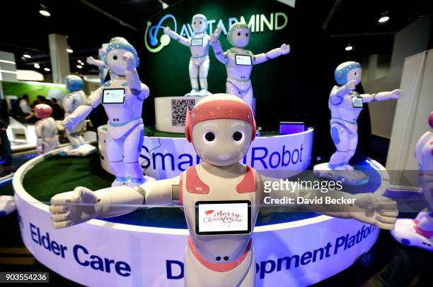 Chorus of iPal robots sing for attendees at the AvatarMind booth during CES 2018 at the Las Vegas Convention Center on January 10, 2018 in Las Vegas,...