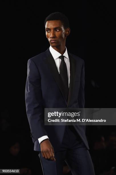 Model walks the runway at the Brooks Brothers show during the 93. Pitti Immagine Uomo at Fortezza Da Basso on January 10, 2018 in Florence, Italy.