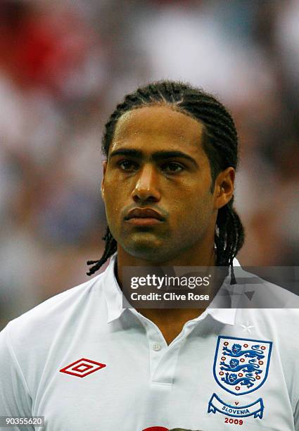 Glen Johnson of England lines up for the national anthem before the International Friendly match between England and Slovenia at Wembley Stadium on...