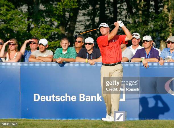 Steve Stricker hits a tee shot during the second round of the Deutsche Bank Championship held at TPC Boston on September 5, 2009 in Norton,...