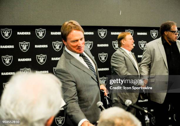 Jon Gruden shakes hands with a few people he knows after the Jon Gruden Press Conference on January 9, 2017 at Raiders Headquarters in Alameda, CA