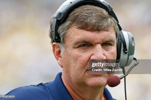 Head coach Paul Johnson of the Georgia Tech Yellow Jackets watches the action on the field during the game against the Jacksonville State Gamecocks...