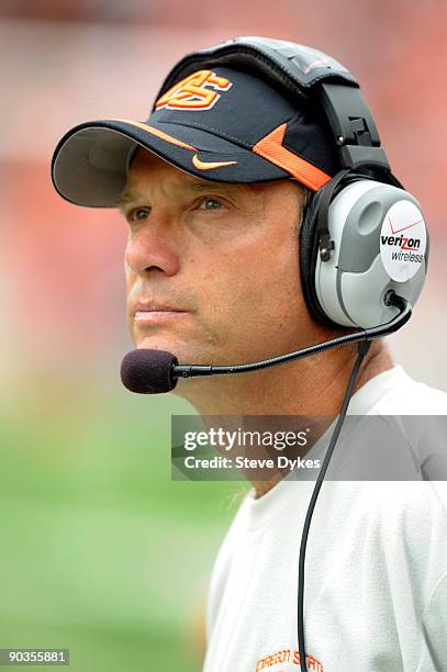 Head coach Mike Riley of the Oregon State Beavers looks out at the action on the field in the second quarter of the game against the Portland State...