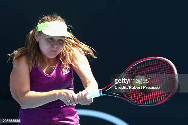 Evgeniya Rodina of Russia competes in her first round match against Sabina Sharipova of Uzbekistan during 2018 Australian Open Qualifying at...