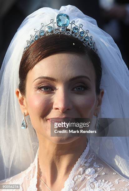Newlywed Isabella Orsini leaves the Antoing church after her wedding to Prince Edouard de Ligne de la Tremoille on September 5, 2009 in Antoing,...