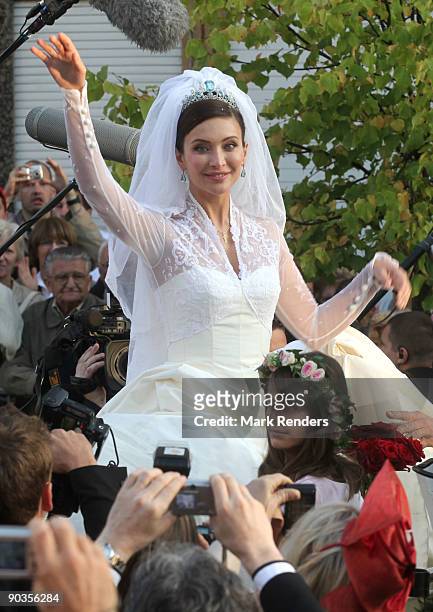 Newlywed Isabella Orsini leaves the Antoing church after her wedding to Prince Edouard de Ligne de la Tremoille on September 5, 2009 in Antoing,...