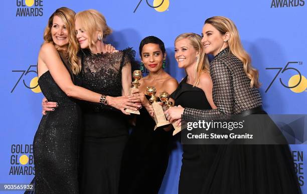 Actors Laura Dern, Nicole Kidman, Zoe Kravitz, Reese Witherspoon and Shailene Woodley of 'Big Little Lies,' winner of the award for Best Television...