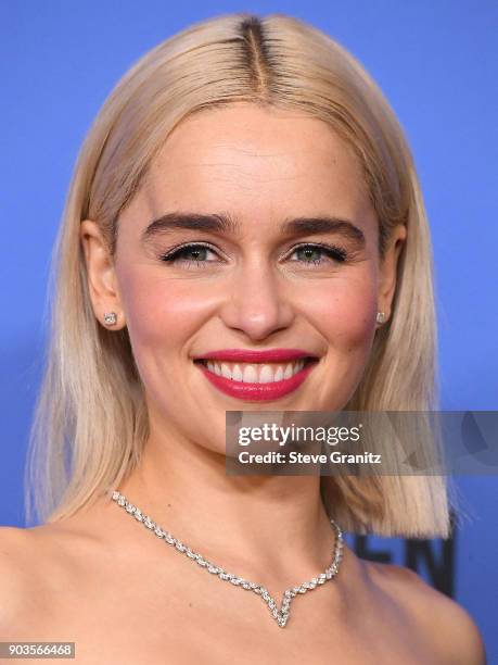 Emilia Clarke poses at the 75th Annual Golden Globe Awards at The Beverly Hilton Hotel on January 7, 2018 in Beverly Hills, California.