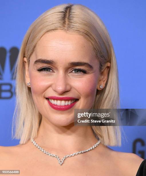 Emilia Clarke poses at the 75th Annual Golden Globe Awards at The Beverly Hilton Hotel on January 7, 2018 in Beverly Hills, California.