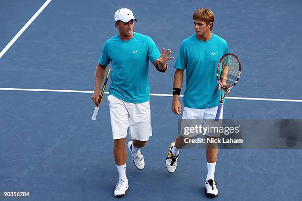 Kaes Van't Hof and Ryan Harrison of the United States during their doubles match against Carsten Ball and Chris Guccione of Australia during day six...