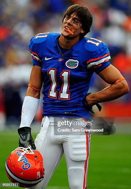 Riley Cooper of the Florida Gators watches the action during the game against the Charleston Southern Buccaneers at Ben Hill Griffin Stadium on...