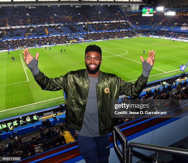 Jaylen Brown of the Boston Celtics poses for a photo during the Chelsea FC vs Arsenal FC soccer match as part of the 2018 NBA London Global Game at...