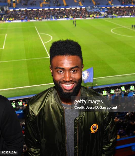 Jaylen Brown of the Boston Celtics poses for a photo during the Chelsea FC vs Arsenal FC soccer match as part of the 2018 NBA London Global Game at...