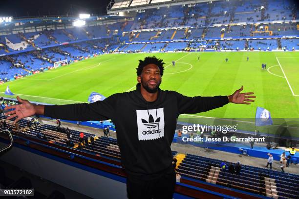 Joel Embiid of the Philadelphia 76ers poses for a photo during the Chelsea FC vs Arsenal FC soccer match as part of the 2018 NBA London Global Game...