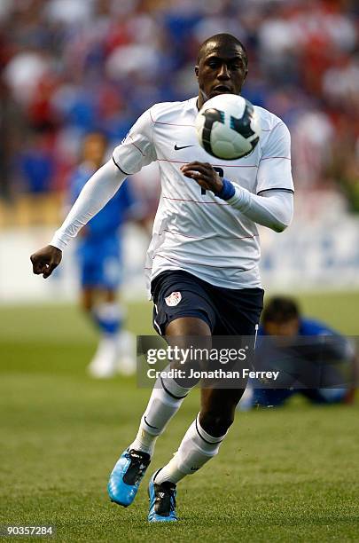 Jozy Altidore of the United States dribbles the ball during the FIFA 2010 World Cup Qualifier match between the United States and El Salvador at Rio...