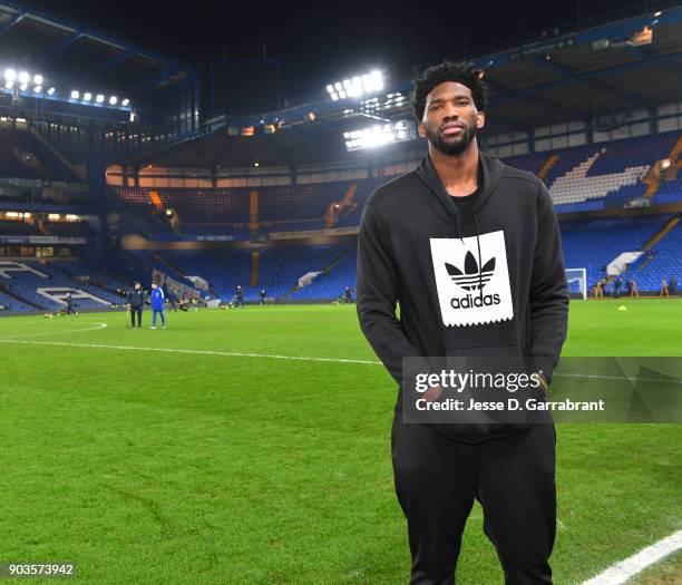 Joel Embiid of the Philadelphia 76ers poses for a photo during the Chelsea FC vs Arsenal FC soccer match as part of the 2018 NBA London Global Game...