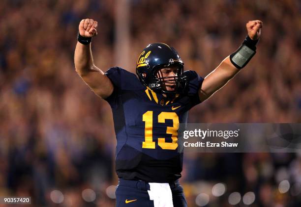 Kevin Riley of the California Golden Bears celebrates a touchdown by Jahvid Best that gave the Bear a 13-0 lead over the Maryland Terrapins at...