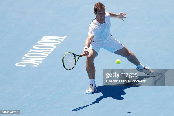 Richard Gasquet of France plays a forehand against Matt Ebden of Australia during day three of the 2018 Kooyong Classic at Kooyong on January 11,...