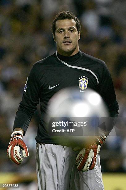 Brazil's goalkeeper Julio Cesar watches the ball during their FIFA World Cup South Africa-2010 qualifier football match against Argentina at the...