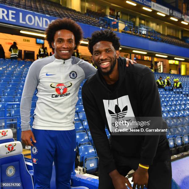 Joel Embiid of the Philadelphia 76ers poses for a photo during the Chelsea FC vs Arsenal FC soccer match as part of the 2018 NBA London Global Game...