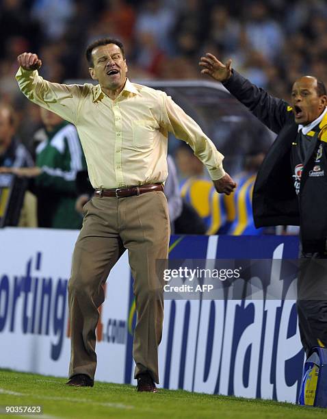 Brazilian national football team coach Dunga gestures during their FIFA World Cup South Africa-2010 qualifier football match against Argentina at the...
