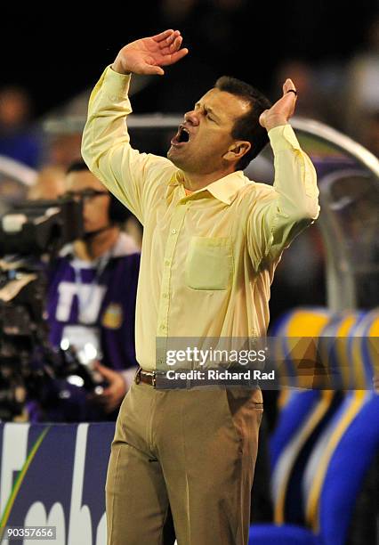 Brazilian head coach Dunga reacts after a referee's decision against his team in a 2010 FIFA World Cup qualifier against Argentina at the Gigante de...