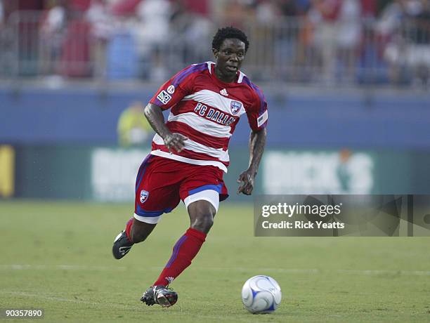 Ugo Ihemelu of the FC Dallas dribbles the ball during the match against the DC United at Pizza Hut Park on September 5, 2009 in Frisco, Texas.