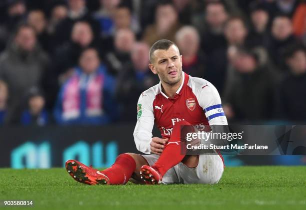 Jack Wilshere of Arsenal injured during the Carabao Cup Semi-Final First Leg match between Chelsea and Arsenal at Stamford Bridge on January 10, 2018...