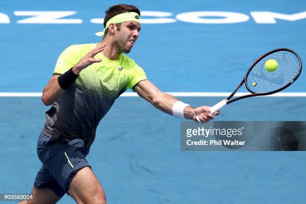 Jiri Vesely of the Czech Republic plays a forehand in his quarterfinal match against Roberto Bautista Agut of Spain during day four of the ASB Men's...