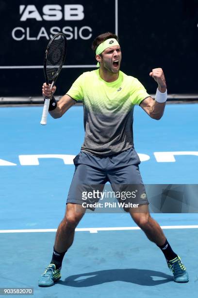 Jiri Vesely of the Czech Republic celebrates a point in his quarterfinal match against Roberto Bautista Agut of Spain during day four of the ASB...