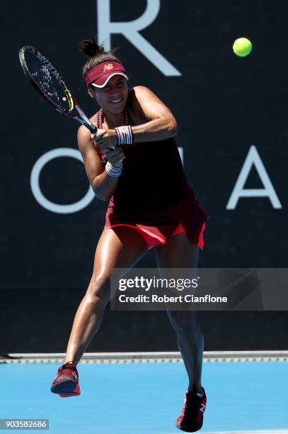 Heather Watson of Great Britain plays a backhand during her singles match against Donna Vekic of Croatia at the 2018 Hobart International at Domain...