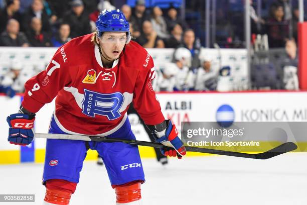 Laval Rocket right wing Nikita Scherbak waits before face-off during the Utica Comets versus the Laval Rocket game on January 10 at Place Bell in...