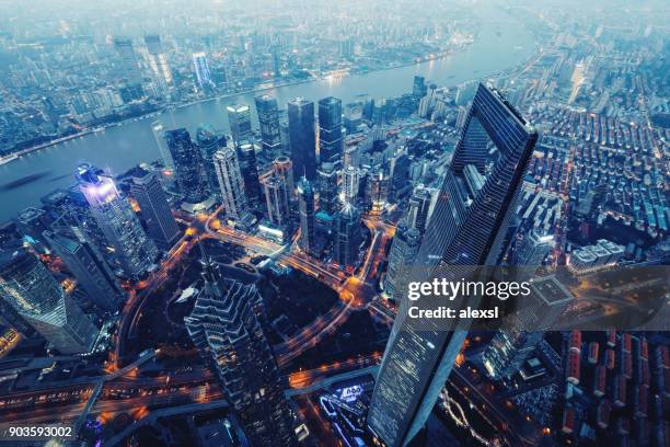 shanghai china modern skyscrapers skyline aerial view night - asia skyline stock pictures, royalty-free photos & images