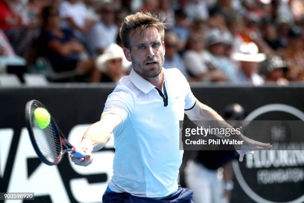 Peter Gojowczyk of Germany plays a forehand in his quarterfinal match against Robin Haase of the Netherlands during day four of the ASB Men's Classic...
