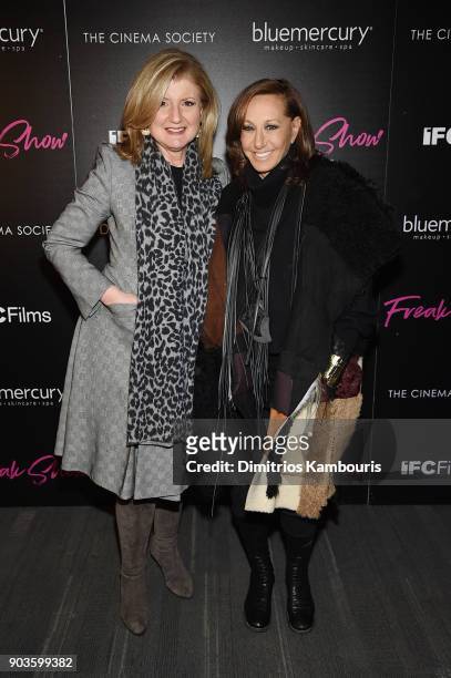 Arianna Huffington and Donna Karan attend the premiere of IFC Films' "Freak Show" hosted by The Cinema Society at Landmark Sunshine Cinema on January...