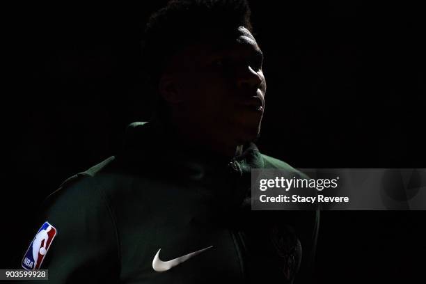 Giannis Antetokounmpo of the Milwaukee Bucks waits on the bench during player introductions prior to a game against the Orlando Magic at the Bradley...