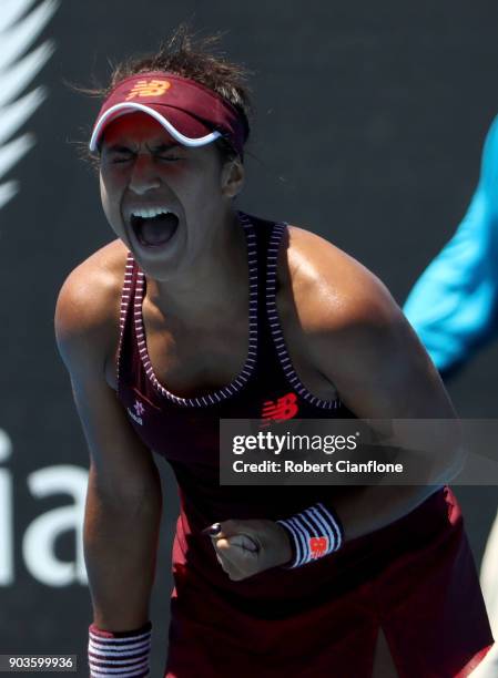 Heather Watson of Great Britain celebrates her win over Donna Vekic of Croatia at the 2018 Hobart International at Domain Tennis Centre on January...