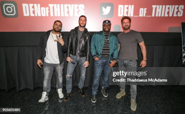 Shea Jackson Jr, Pablo Schreiber, Curtis "50 Cent" Jackson and Gerard Butler, open up the Den of Thieves special screening at Regal South Beach on...