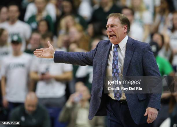 Head coach Tom Izzo of the Michigan State Spartans reacts to a play during a game against the Rutgers Scarlet Knights at Breslin Center on January...