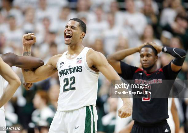 Miles Bridges of the Michigan State Spartans celebrates after the game against the Rutgers Scarlet Knights at Breslin Center on January 10, 2018 in...