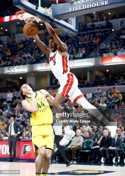 Derrick Jones Jr of the Miami Heat dunks the ball against the Indiana Pacers during the game at Bankers Life Fieldhouse on January 10, 2018 in...