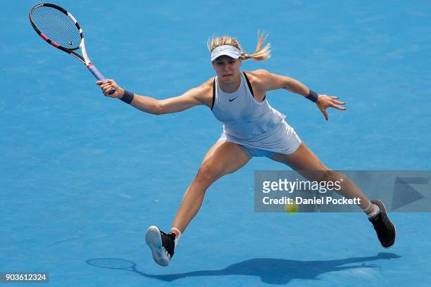 Eugenie Bouchard of Canada plays a forehand against Destanee Aiava of Australia during day three of the 2018 Kooyong Classic at Kooyong on January...