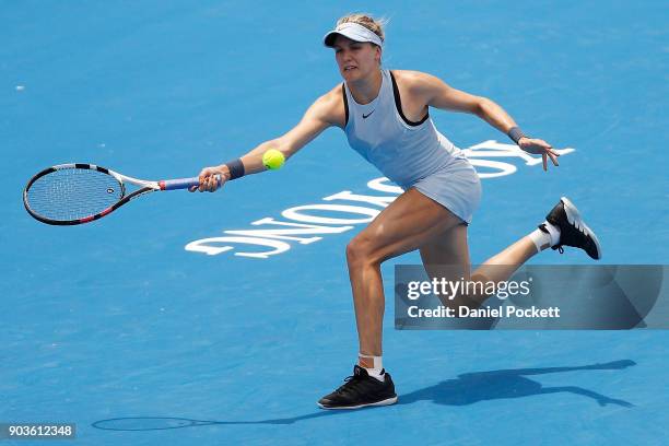 Eugenie Bouchard of Canada plays a forehand against Destanee Aiava of Australia during day three of the 2018 Kooyong Classic at Kooyong on January...